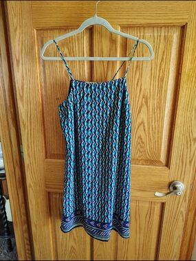 Maeve Navy, Teal, Coral Geo Print Summer Dress